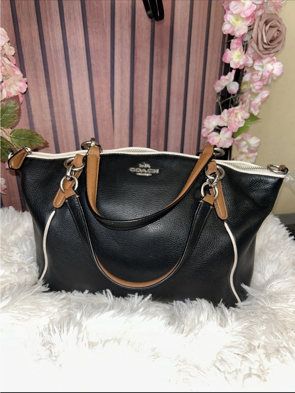 Coach Black Leather Shoulder Bag with Tan and White Trim excellent used conditio